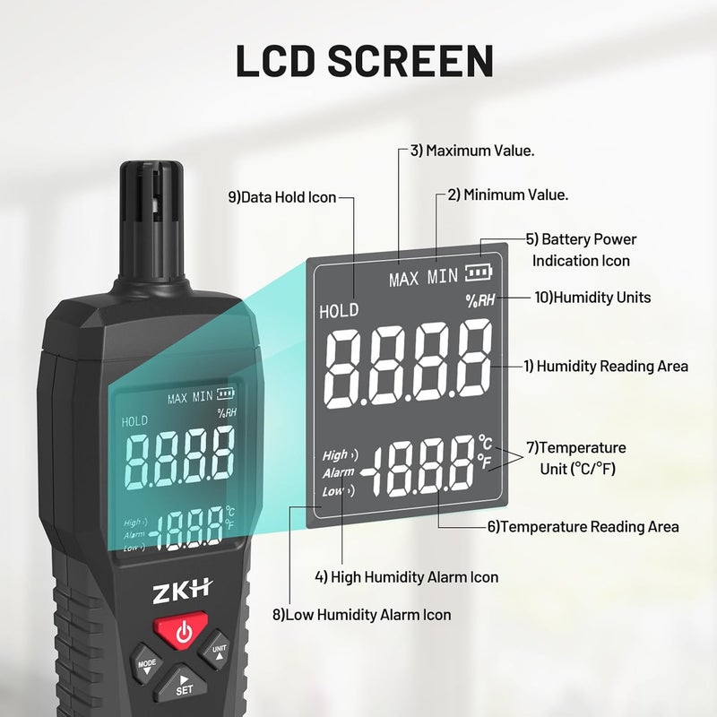 KH  Temperature Humidity Meter, Digital Thermometer Hygrometer with Alarm Function,Wet Bulb for Indoor/Outdoor MIN, MAX, LCD Screen - Image 3